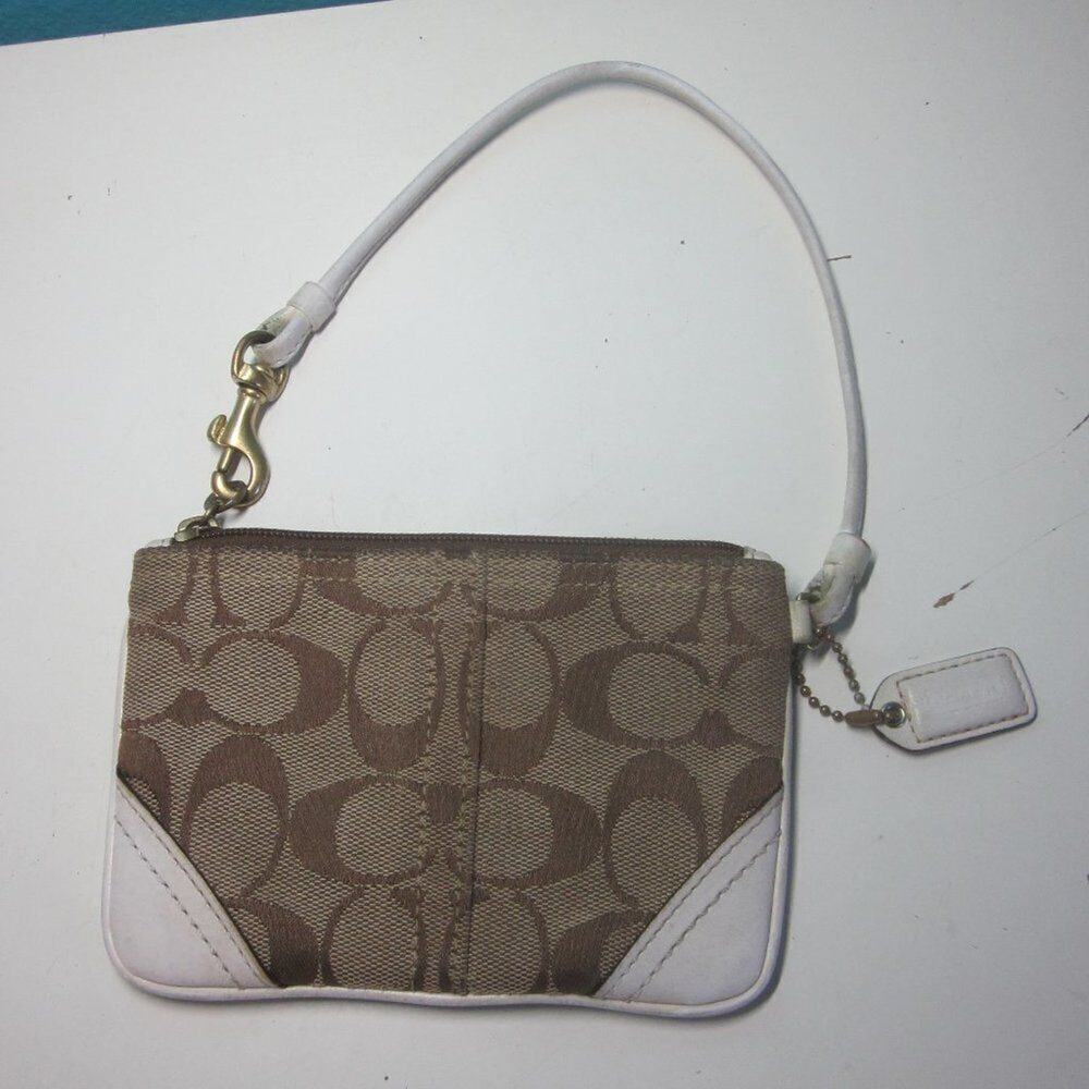 Coach Canvas Logo Wristlet Zip Top White Leather Accents - Shows Wear